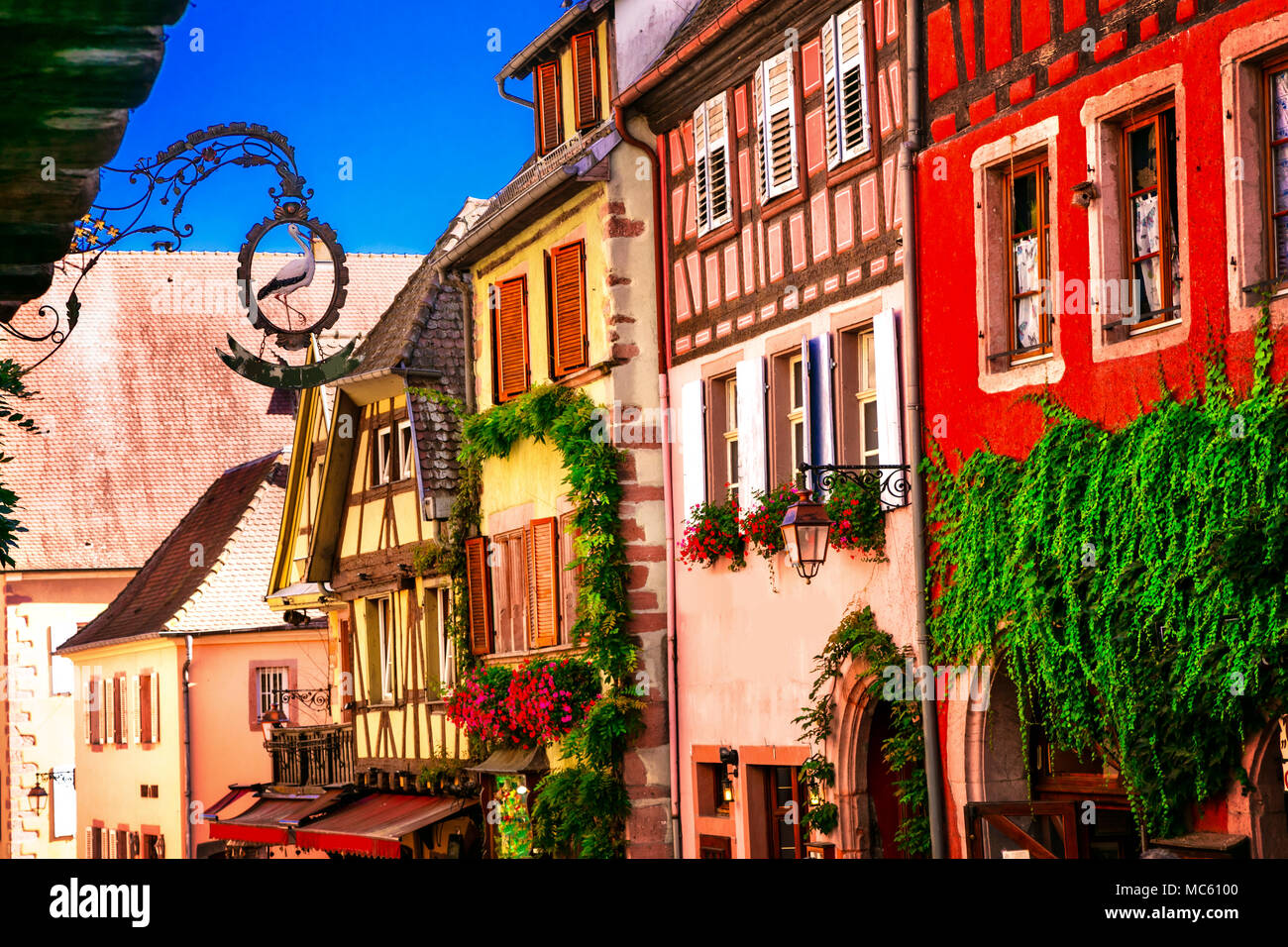 Traditional colorful houses in Riquewihr village,Alsace,France. Stock Photo