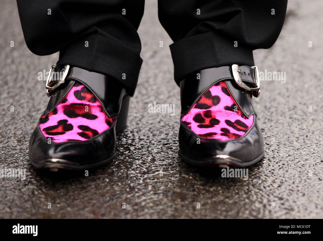 Detail of a racegoers pink animal print shoes during Ladies Day of the 2018 Randox Health Grand National Festival at Aintree Racecourse, Liverpool Stock Photo