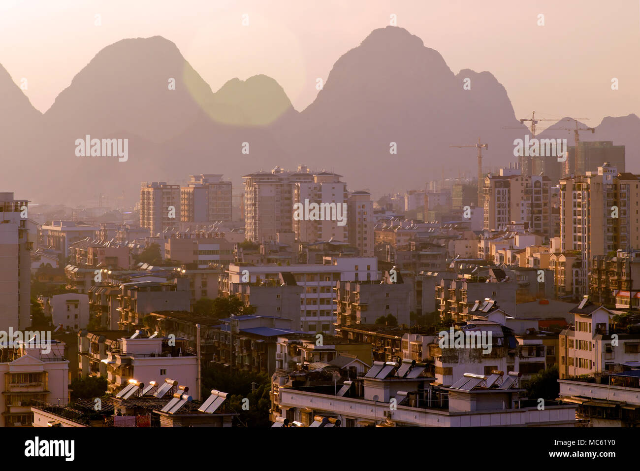 City centre surrounded by typical hilltops, Guilin, Guangxi Province, China Stock Photo