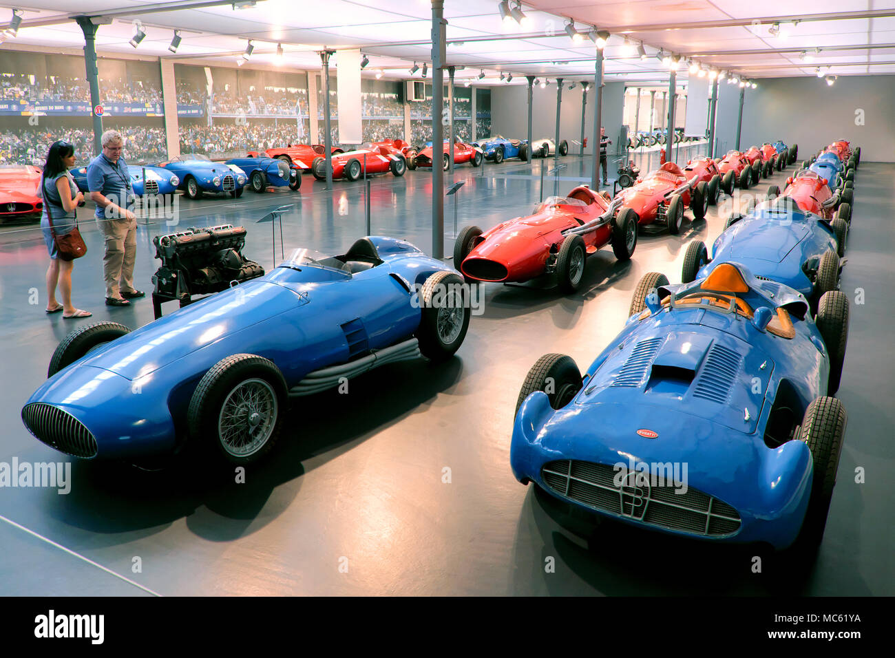 Row of Bugatti cars, Cité de l'Automobile / Automobile Museum, Mulhouse, Alsace, France Stock Photo