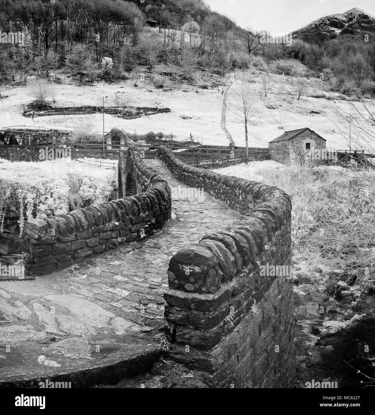 black and white view of beautiful old stone bridge crossing a small ...