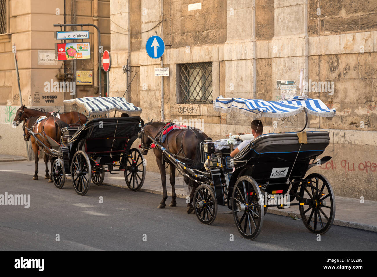 Horse drawn carriage taxis in Palermo, Sicily, Italy, parked up in Via Maqueda by Fontana Pretoria and near the hub of the city Quattro Canti. Stock Photo