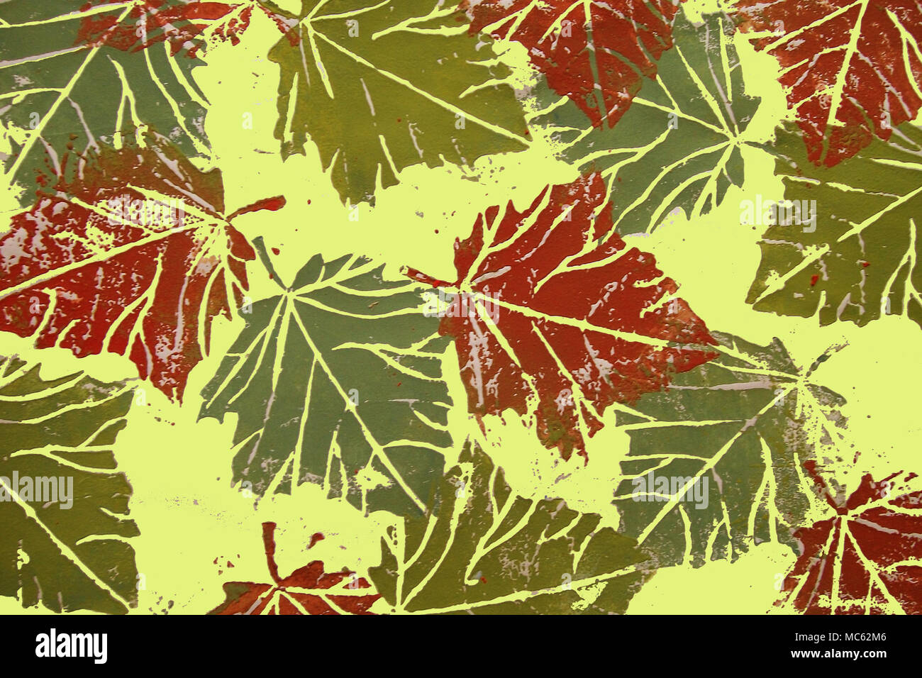 Autumn leaves lino print design in green and brown in a landscape ...