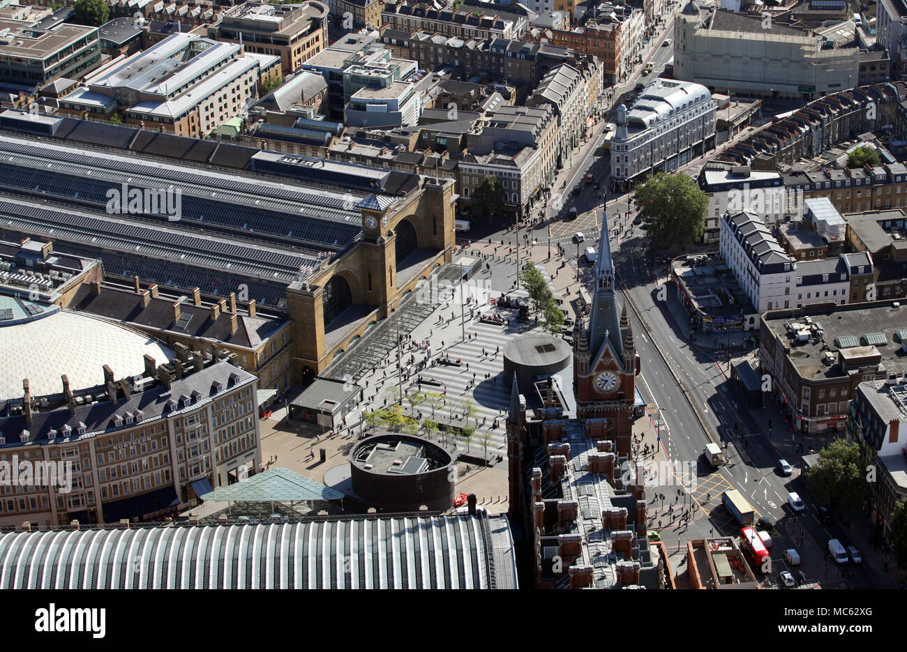 aerial view of commuters & people outside London St Pancras & Kings Cross Stations, London Stock Photo