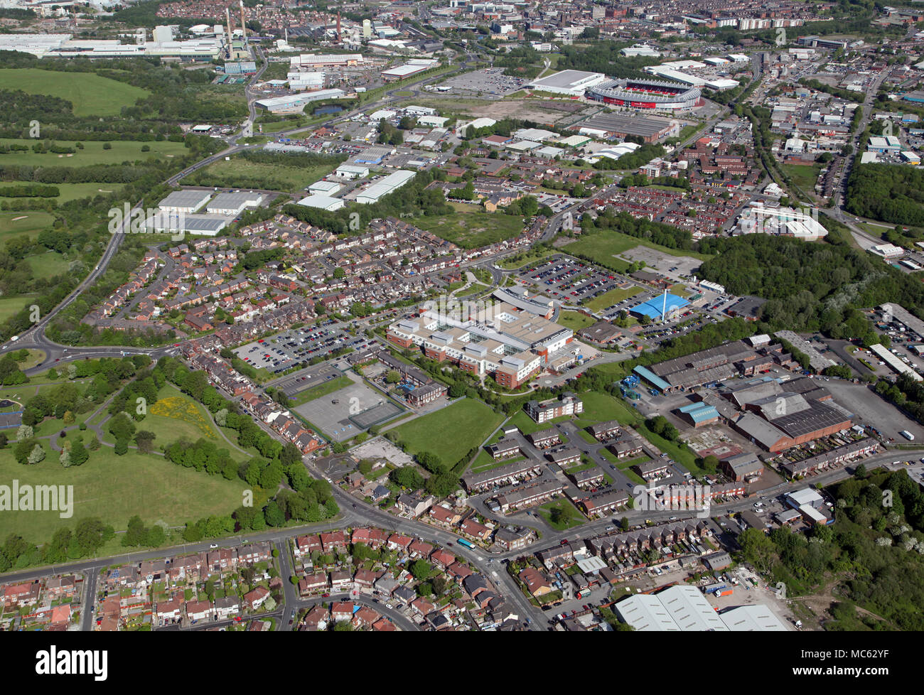 aerial view of St Helens town centre including the Hospital Stock Photo