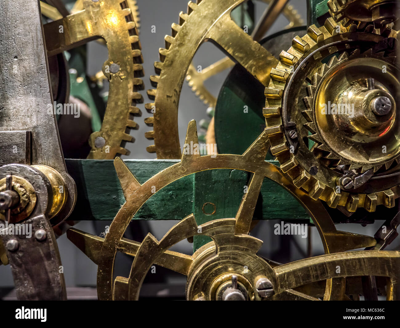 Giant brass clock cogwheel mechanism Stock Photo