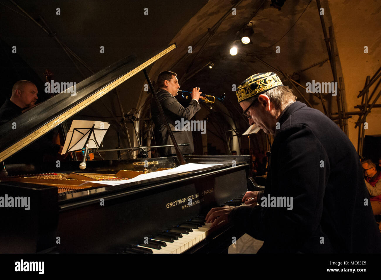Leszek Kulakowski Quartet performing in the cellar vault of the Camaldolese Chruch in Warsaw, Bielany Forest. Warszawa, Poland. Stock Photo