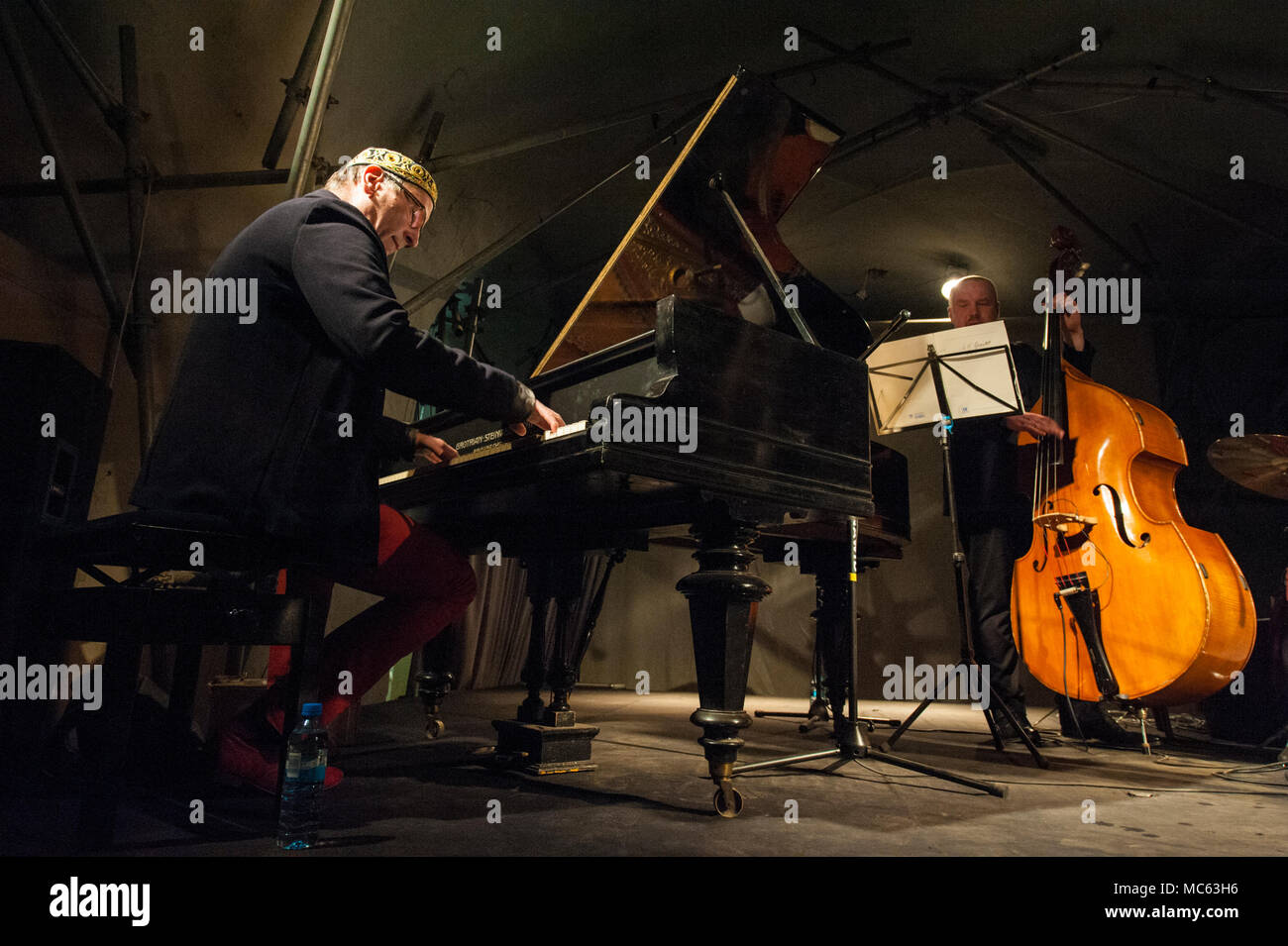 Leszek Kulakowski Quartet performing in the cellar vault of the Camaldolese Chruch in Warsaw, Bielany Forest. Warszawa, Poland. Stock Photo
