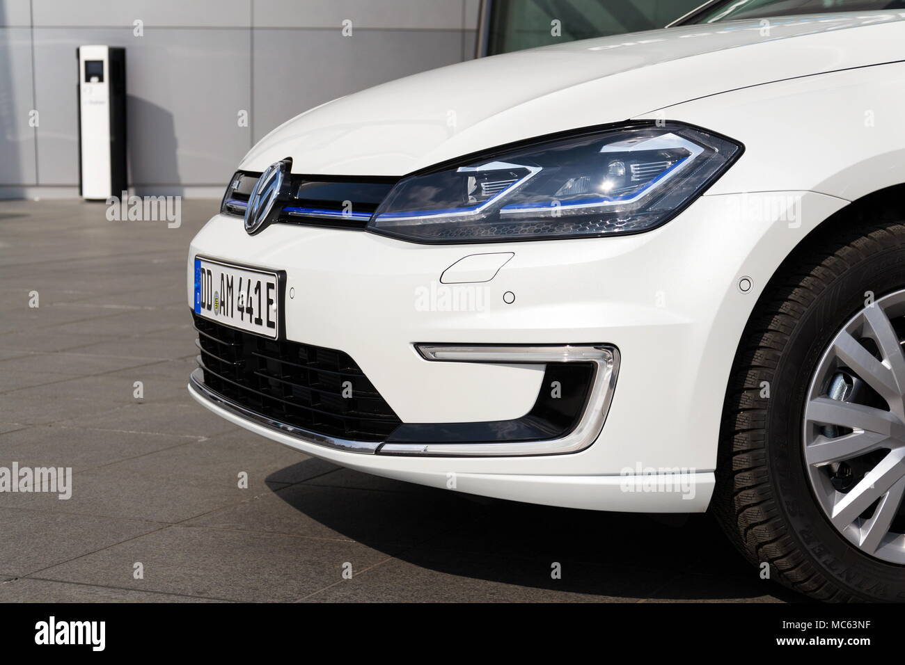 DRESDEN, GERMANY APRIL 2 2018 Plugin hybrid Volkswagen eGolf
