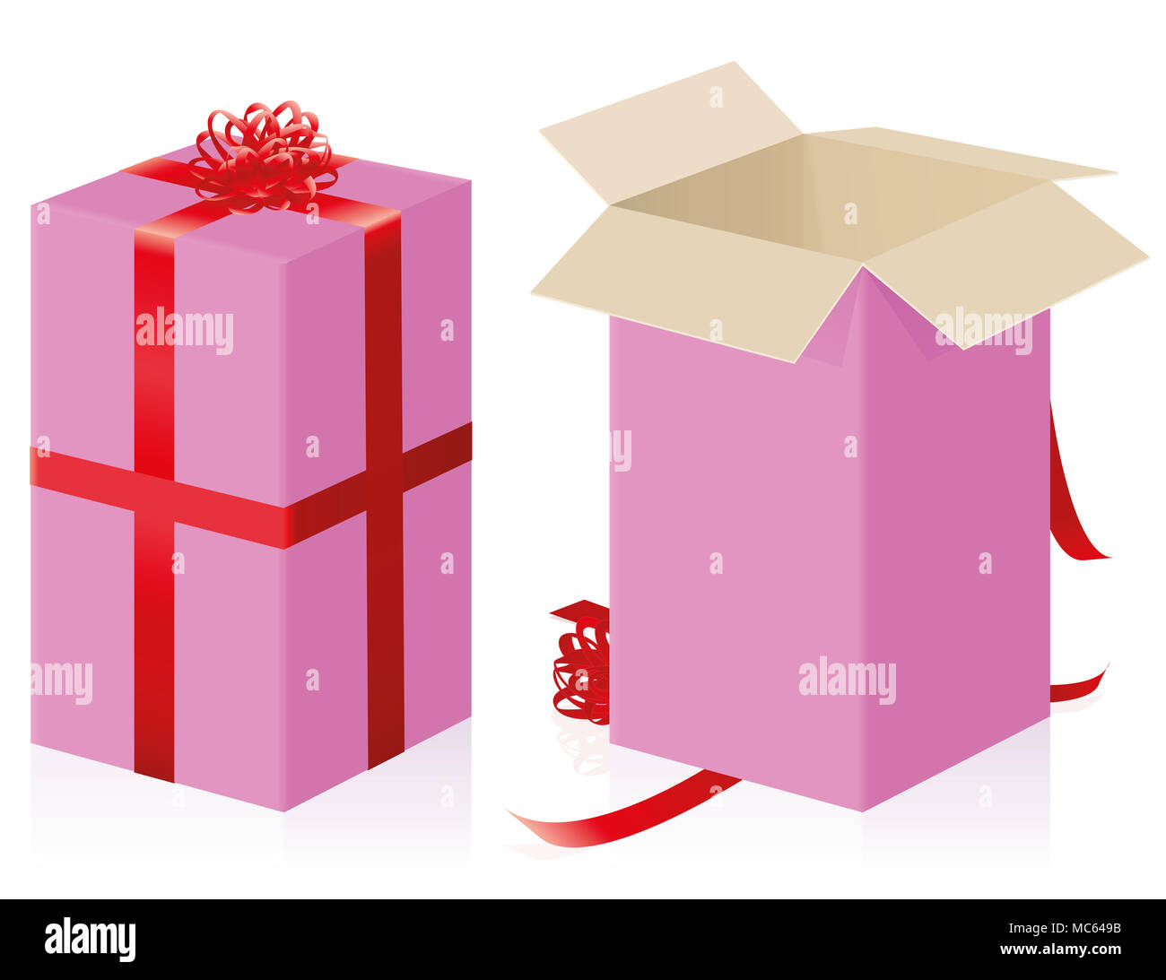 Pink gift pack with red ribbons for mothers day or valentines or just for your girlfriend - closed and opened high size present carton box. Stock Photo