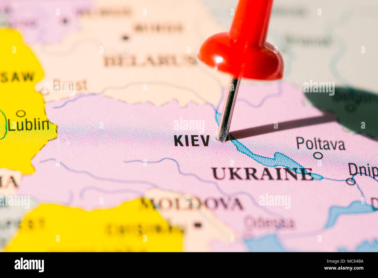 Pin marking Kiev, on Ukraine map (Kiev is the location city of the Football Champions League 2018-2019 final) Stock Photo