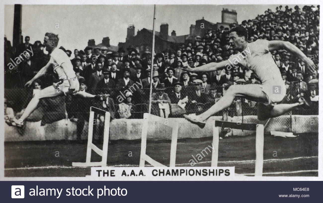 The A.A.A. championships held at Stamford Bridge Grounds, home of the London Athletic Club, 440 yd (400 m) hurdles race won by Lord Burghley 1932 Stock Photo