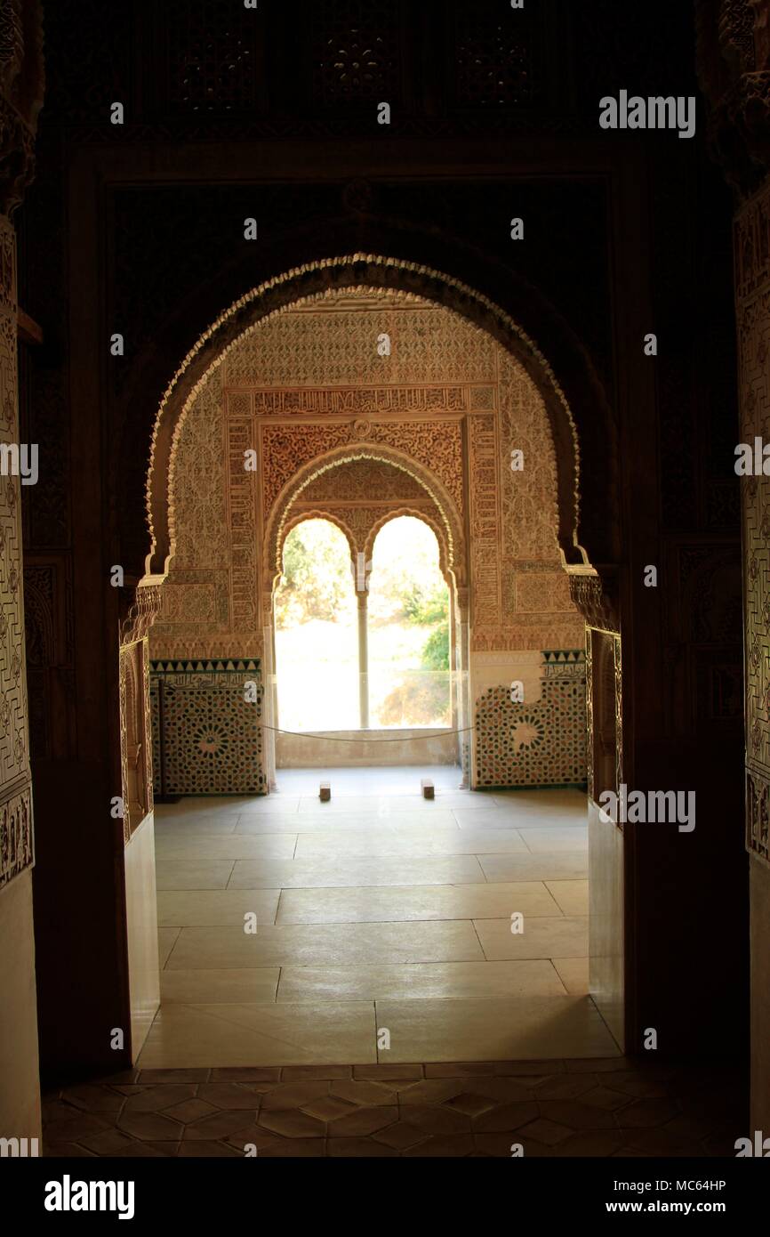 Peering into the Infants' Tower, Promenade of the Towers, Alhambra de Granada, Spain Stock Photo