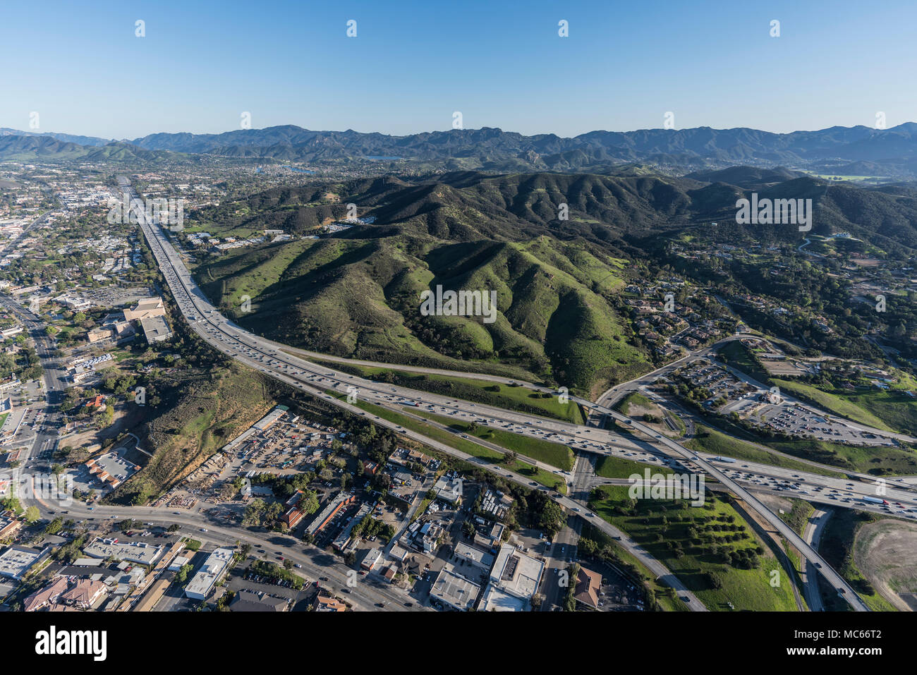 Aerial view of Ventura 101 Freeway and suburban Thousand Oaks near Los