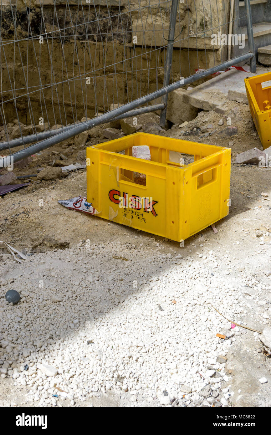 Empty crates of Cisk beer on a street in St Pauls bay, malta, Europe