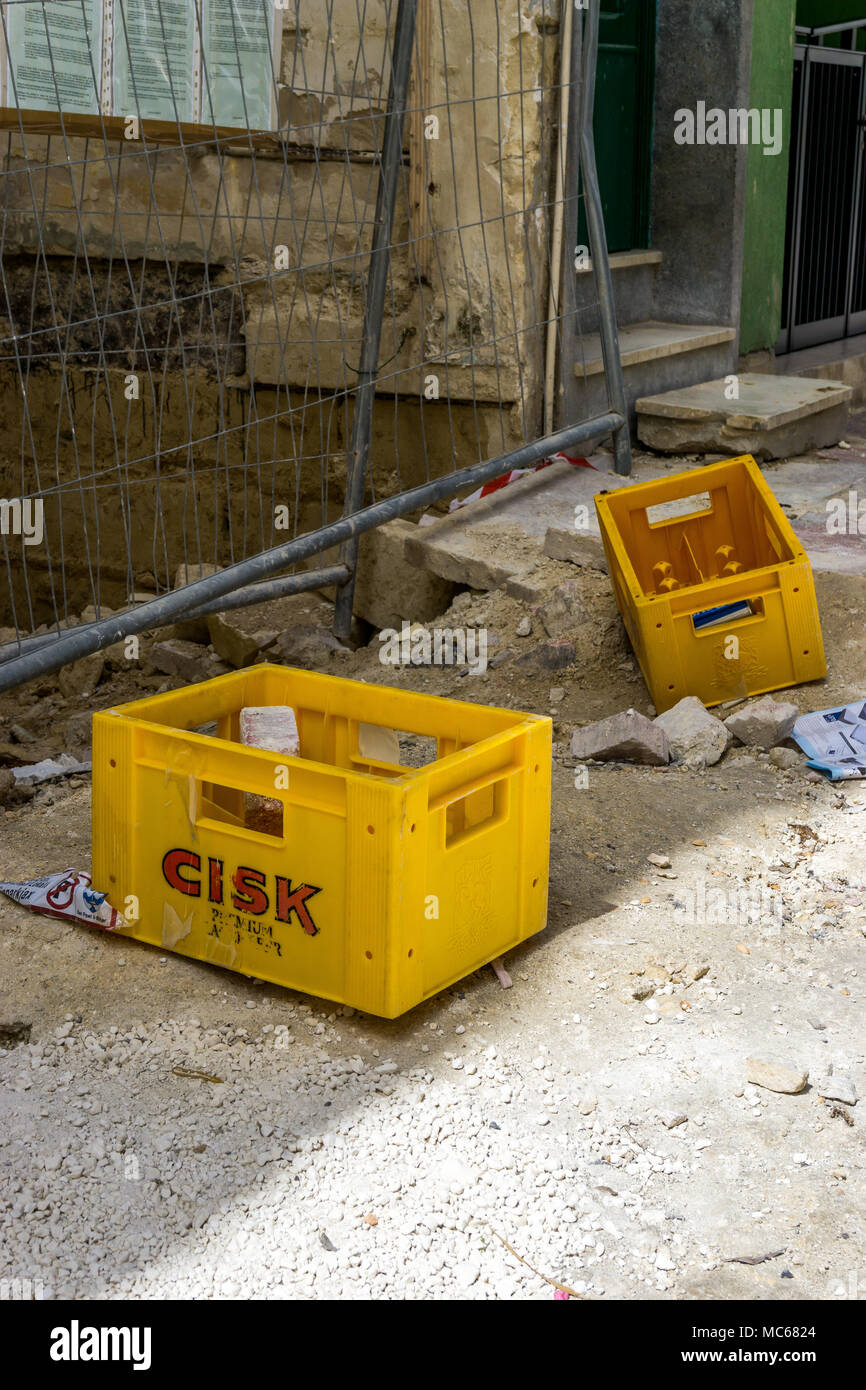 Empty crates of Cisk beer on a street in St Pauls bay, malta, Europe Stock Photo