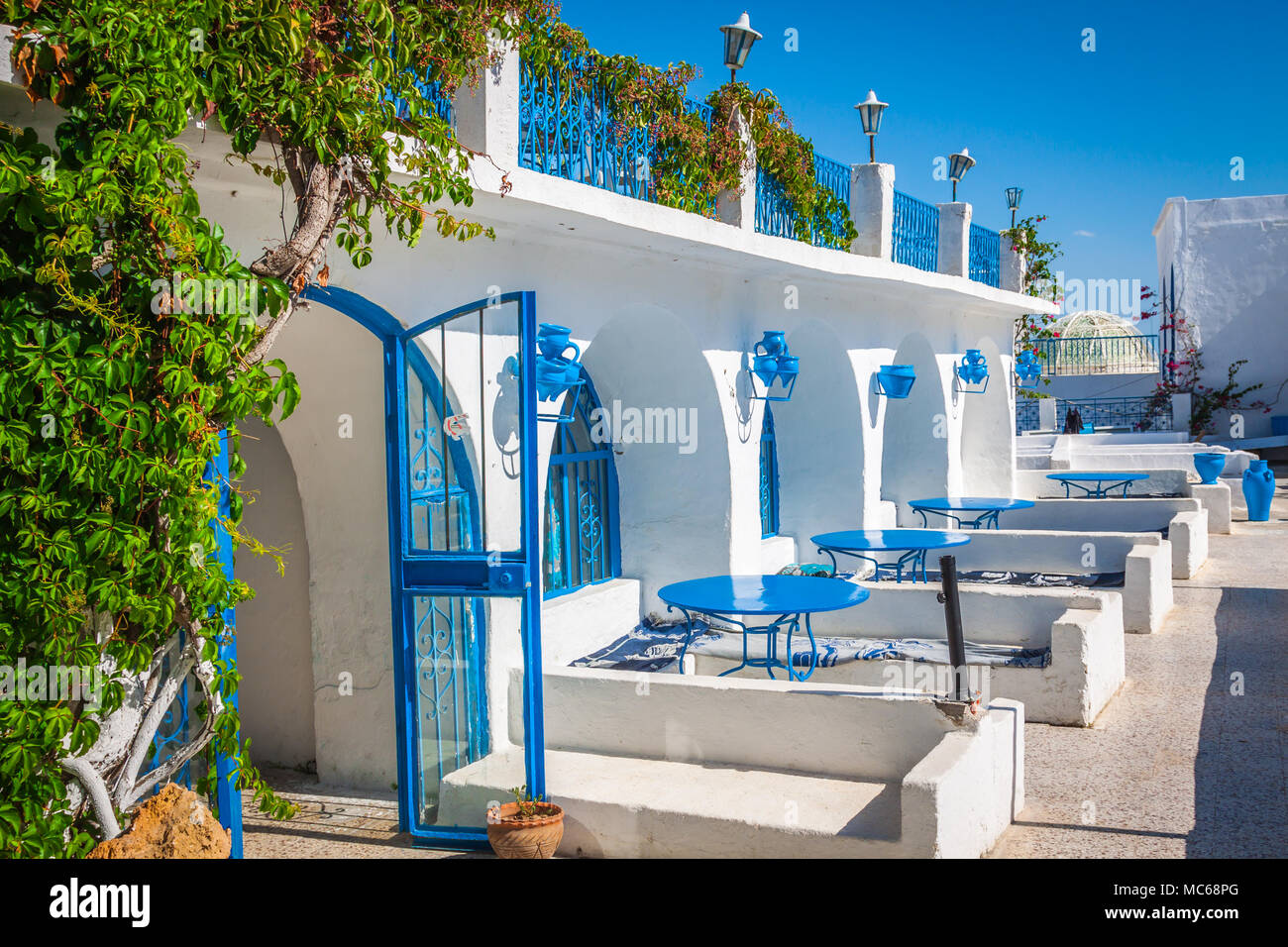 Tunisian restaurant's closeup. Sidi Bou Said town in northern