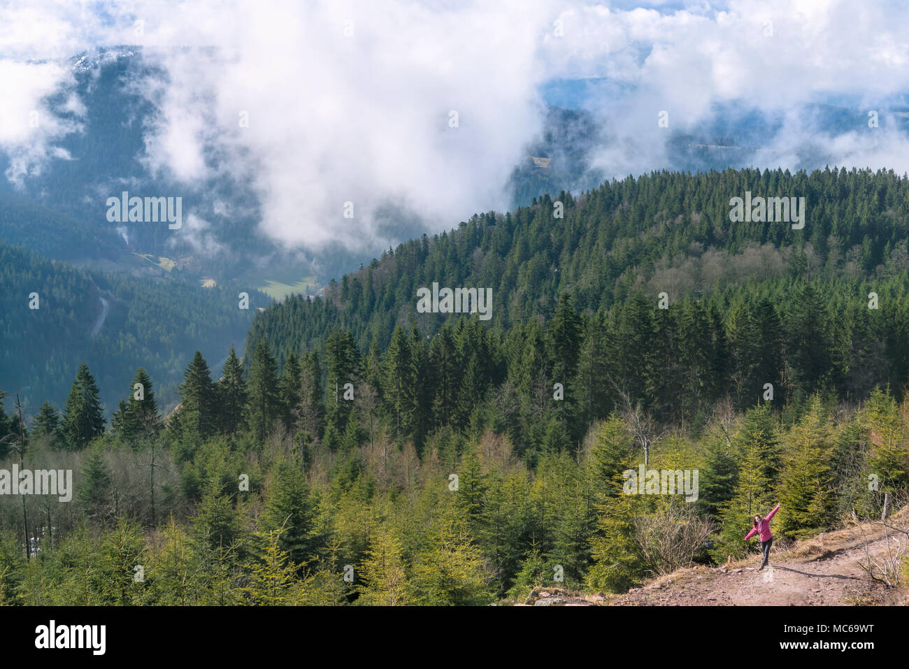 Landscape with the Hornisgrinde mountains, covered with green fir forest and a girl enjoying the view, in the Northern Black Forest of Germany. Stock Photo