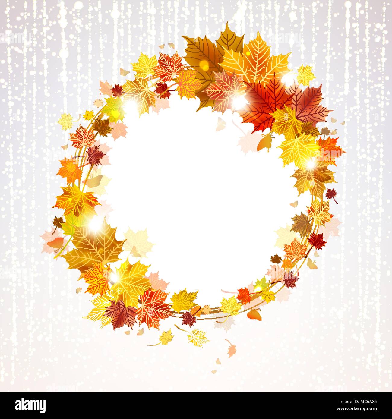 autumn wreath of maple leaves with butterflies on a light background ...