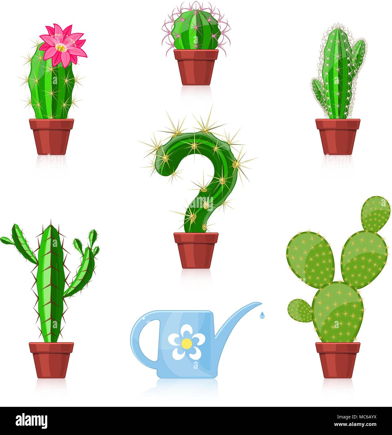 cactuses and watering can on a white background Stock Vector
