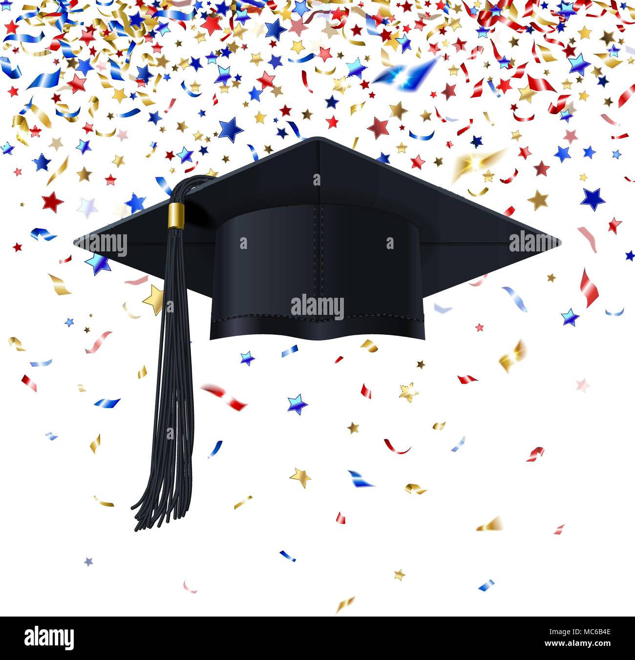 graduate cap with multicolored confetti congratulation on a white