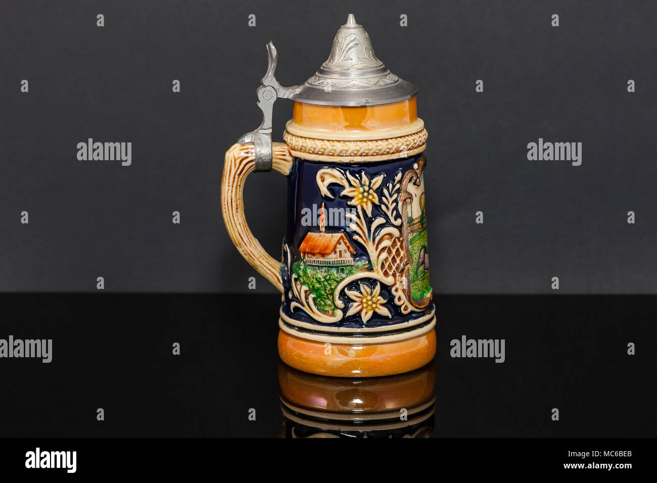 the right side of a German beer stein souvenir from the 1950's Stock Photo