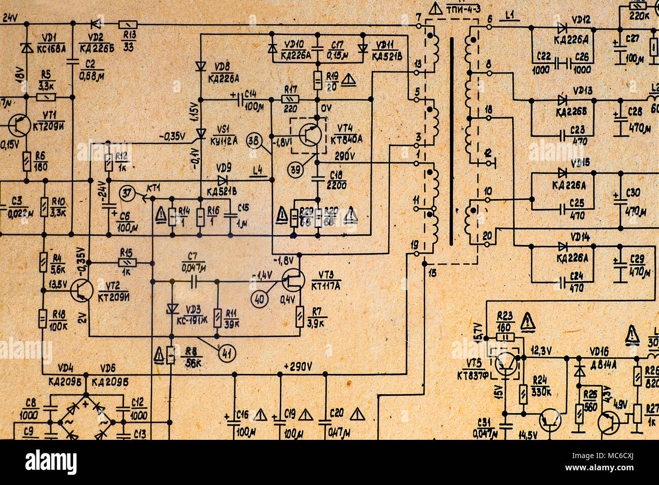 Electronic schematic diagram of retro television. Stock Photo