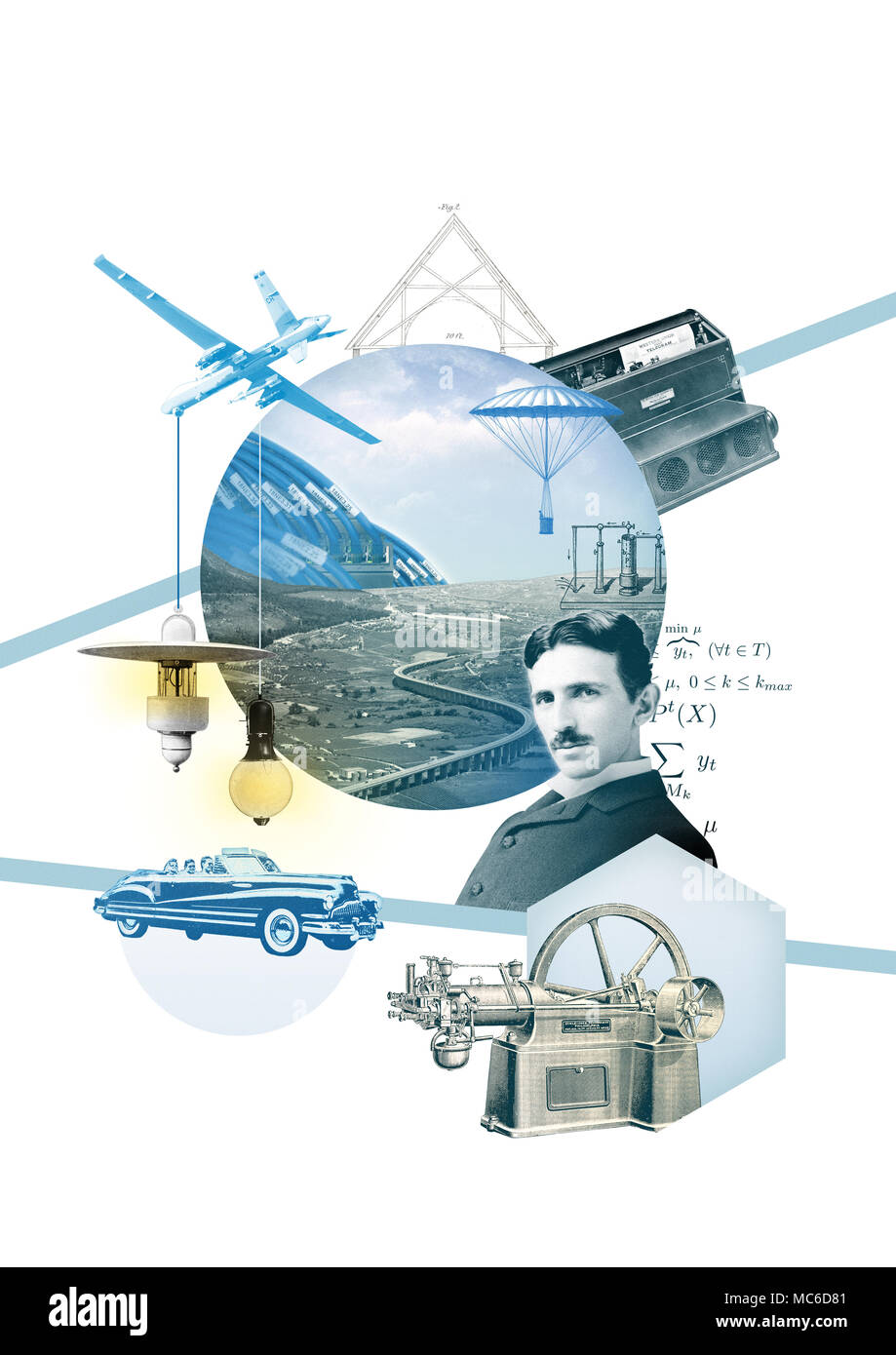Nikola Tesla surrounded with inventions Stock Photo