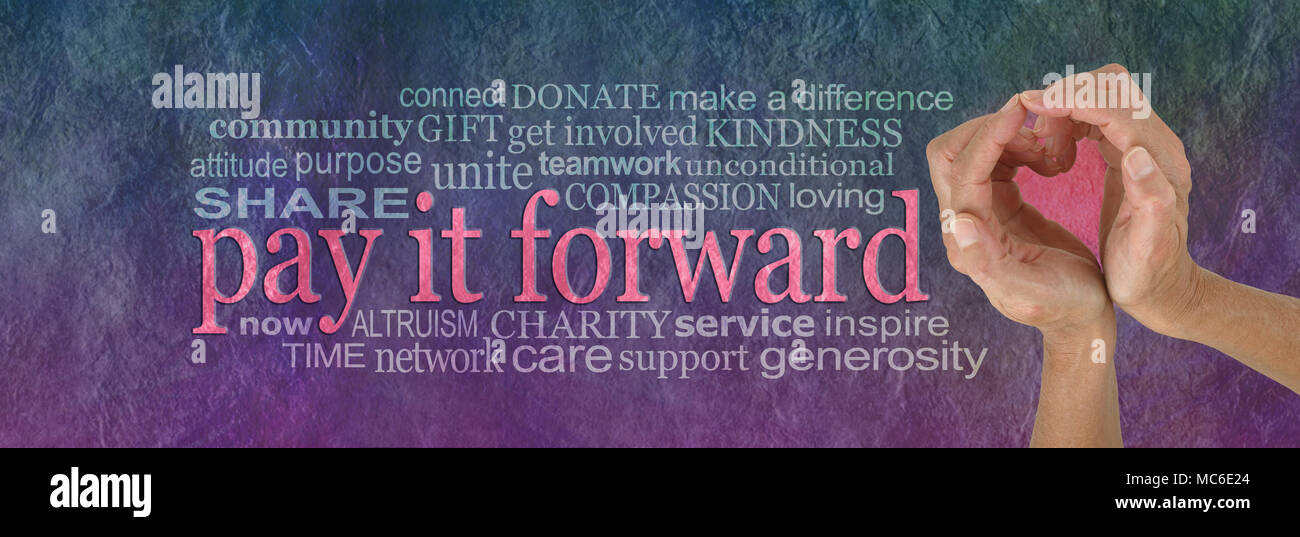 PAY IT FORWARD with love word cloud - campaign banner with female hands making a heart shape on right with a PAY IT FORWARD word cloud beside Stock Photo
