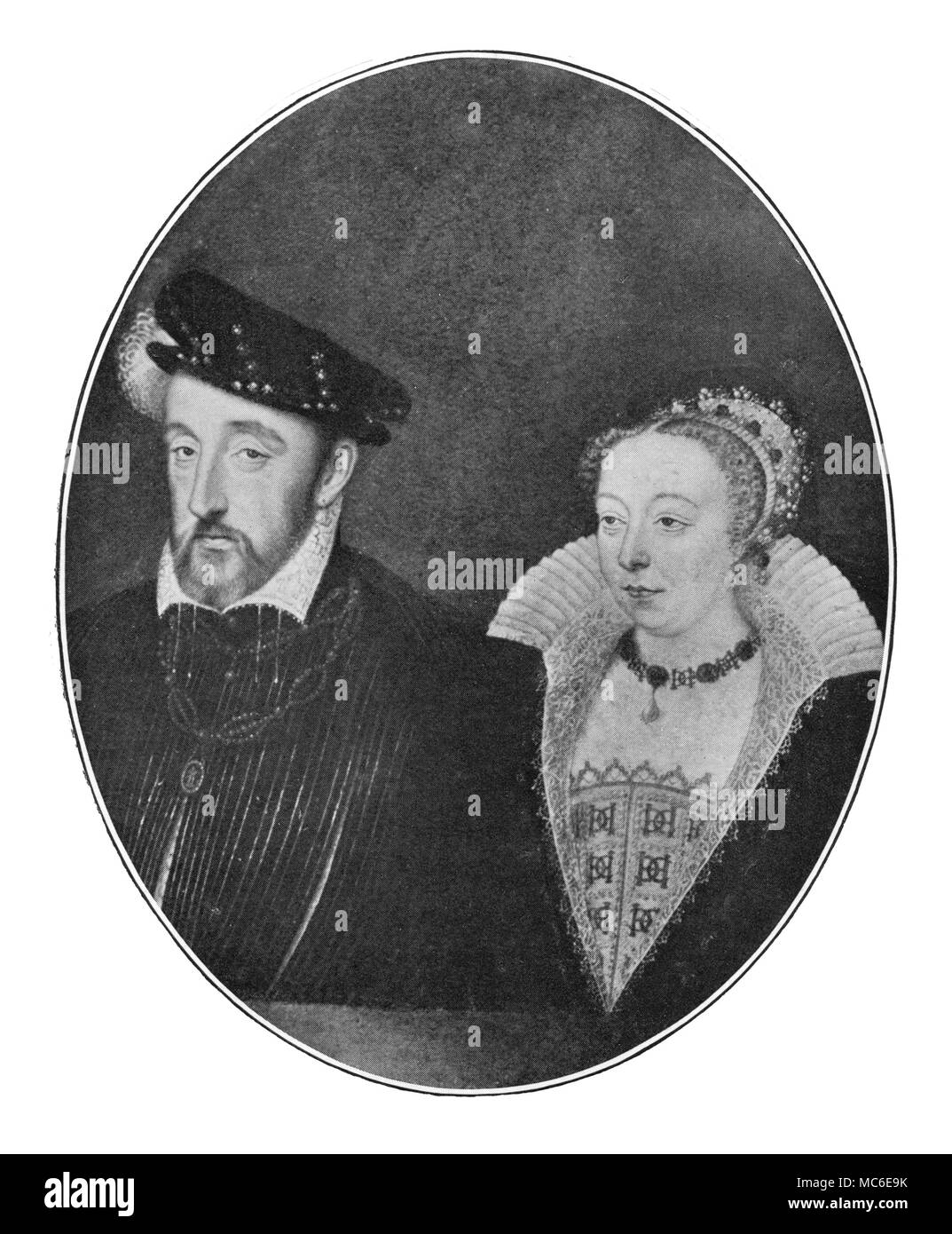 NOSTRADAMUS - HENRI II OF FRANCE AND CATHERINA DEI MEDICI Nineteenth-century Mezzotint engraving of the Portrait of Henri II and his wife, Catherine de' Medici. The original is in the Pitti Palace. Nostradamus famously prophecied the death of Henri in a duel: two or three years earlier, Nostradamus had dedicated to Henri his famous collection of Prophecies. Catherine was an ardent fan of Nostradamus, and commissioned him to cast the horoscopes of her children - the future rulers of France. During her progress through France, she called on Nostradamus at Salon, in Provence. He set out the Stock Photo