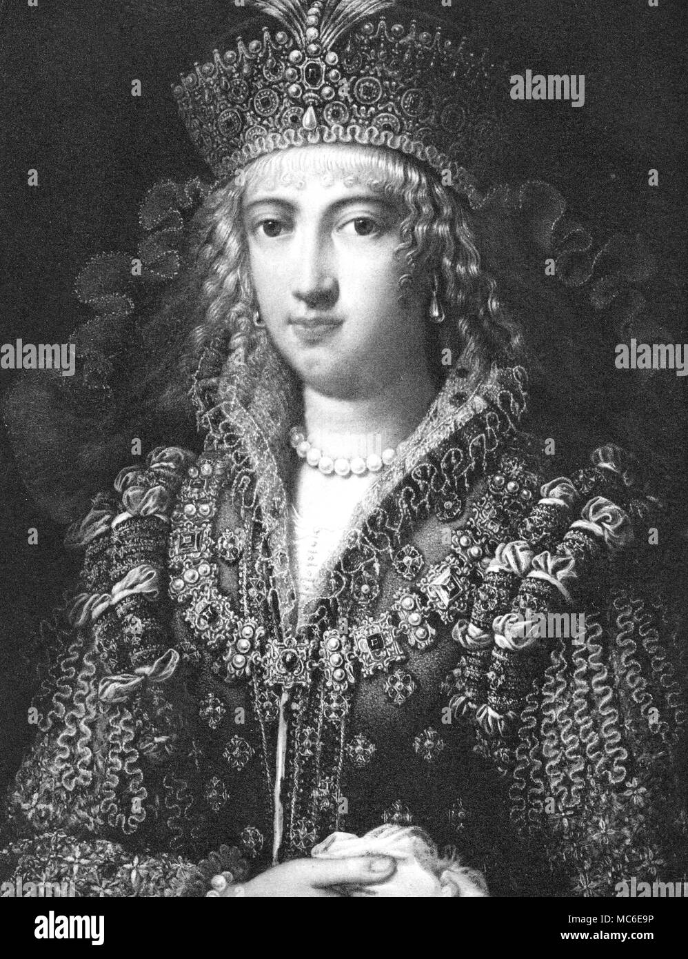 NOSTRADAMUS - CATHERINA DEI MEDICI Nineteenth-century Mezzotint engraving of the Portrait of Catherine de' Medici at the Age of Twenty-One, from Poggio a Caiano. Catherine was an ardent fan of Nostradamus, and commissioned him to cast the horoscopes of her children - the future rulers of France. During her progress through France, she called on Nostradamus at Salon, in Provence. He set out the bleak destinies of Catherine, and of her brood, in his collection of prophecies. Stock Photo