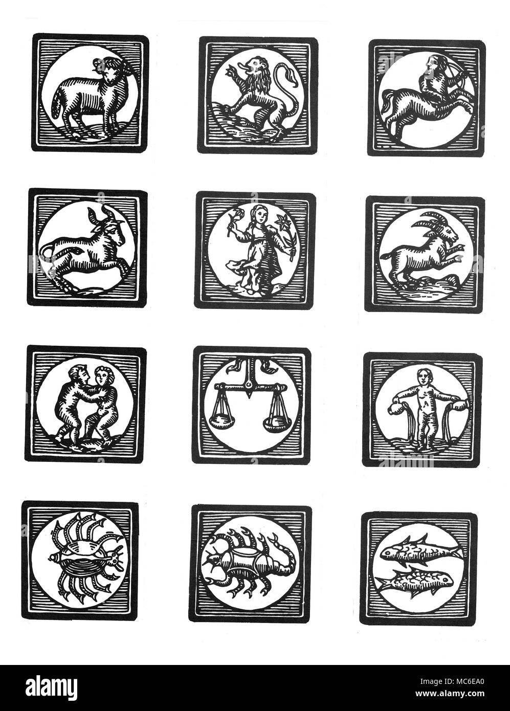 ASTROLOGY Twelve cartouches with the images of the zodiacal signs, from Aries to Pisces. Nineteenth century, Stock Photo