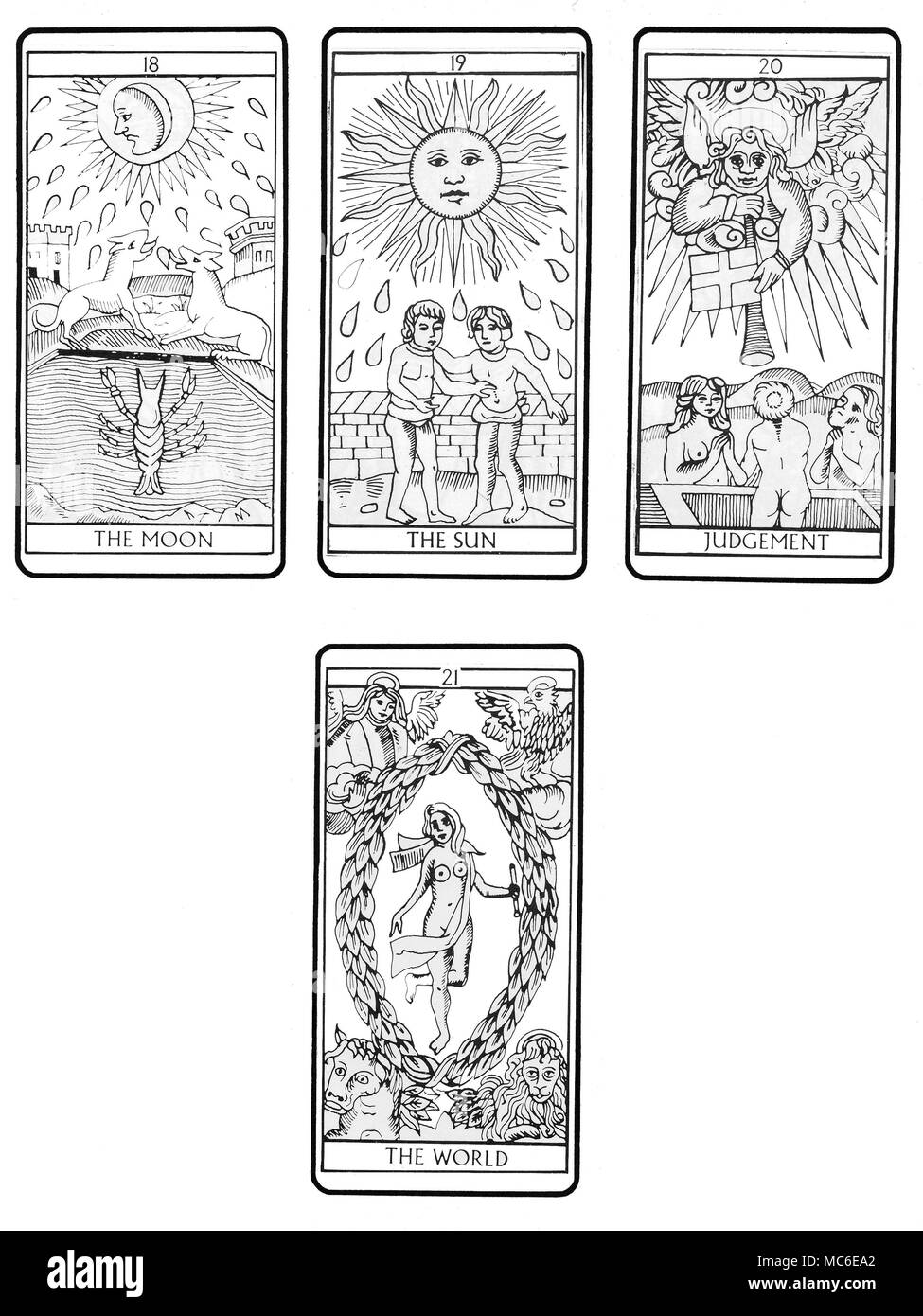 TAROT CARDS - MARSEILLES DECK The fourth and final batch (of four) in the sequence of 22 Tarot cards (according to the traditional Marseilles design), from the eighteenth card (The Moon), through The Sun card, The Judgement and The World. The remaining sequences are available, in batches of 6. Stock Photo