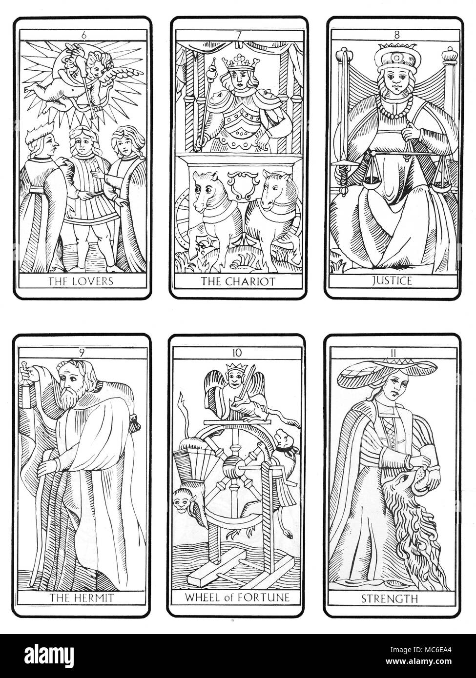 TAROT CARDS - MARSEILLES DECK The second six of the sequence of 22 Tarot cards (according to the traditional Marseilles design), from the sixth card (The Lovers), through The Chariot, The Justice, The Hermit, The Wheel of Fortune and Strength. The remaining sequences are available, in batches of 6. Stock Photo