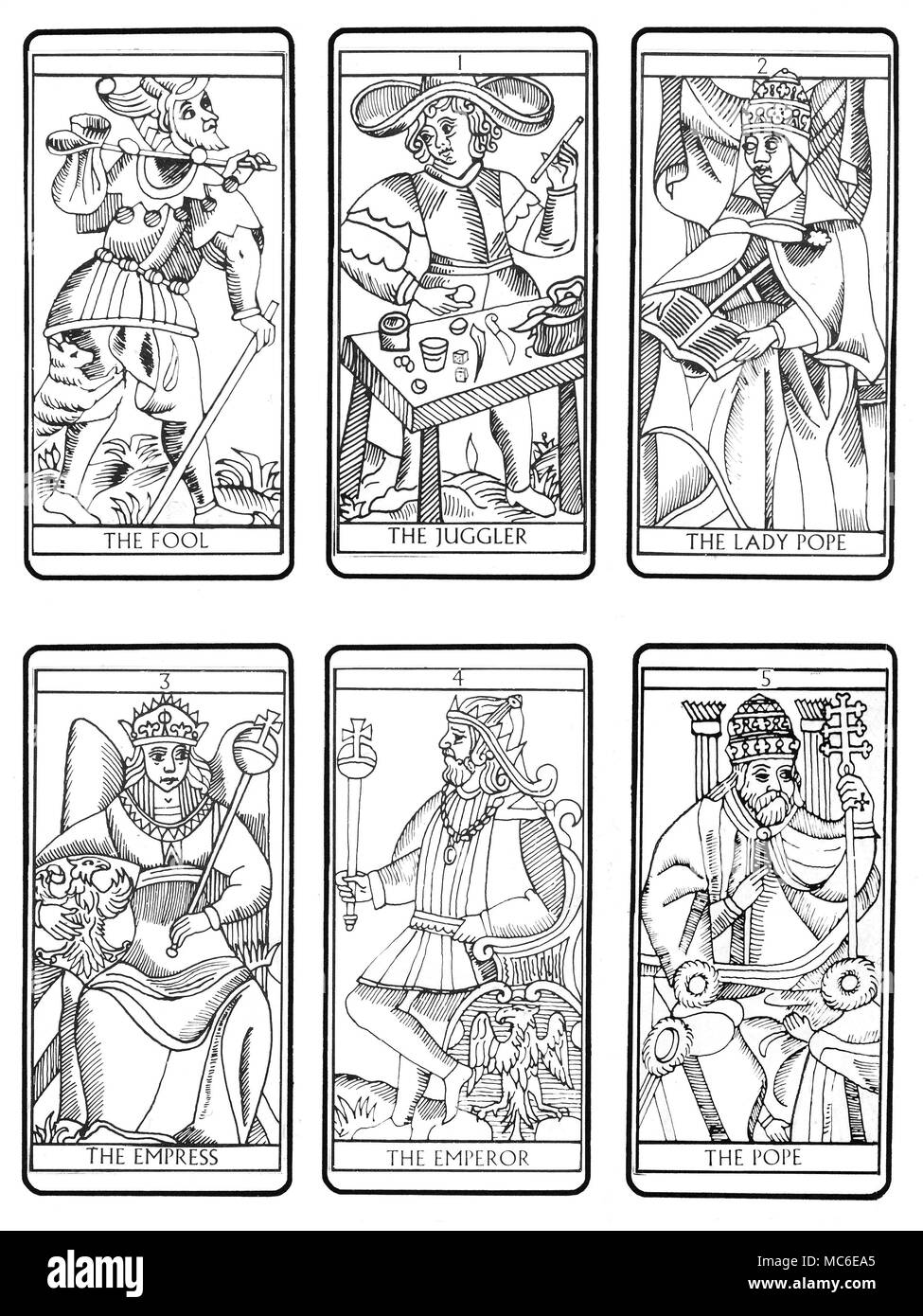 TAROT CARDS - MARSEILLES DECK First six of the sequence of 22 Tarot cards (according to the traditional Marseilles design), from the zero card (The Fool), through The Juggler, The Lady Pope, The Empress, the Emperor and The Pope. The remaining sequences are available, in batches of 6. Stock Photo