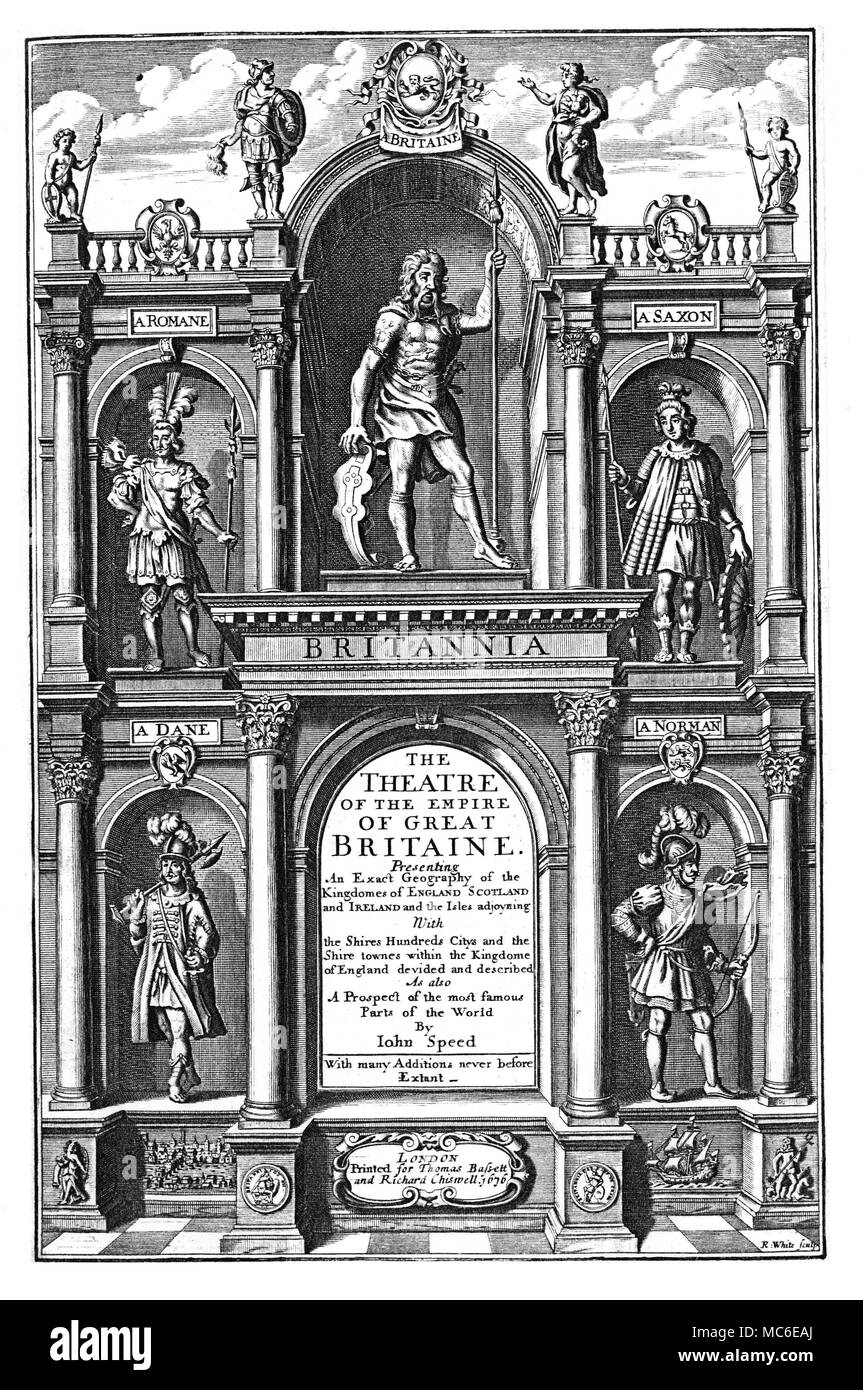 HISTORY Title page of John Speed's The Theatre of the Empire of Great Britain, 1676, with personfications of a Roman, a Saxon, a Dane, a Norman, and a (male) Britannia. Stock Photo