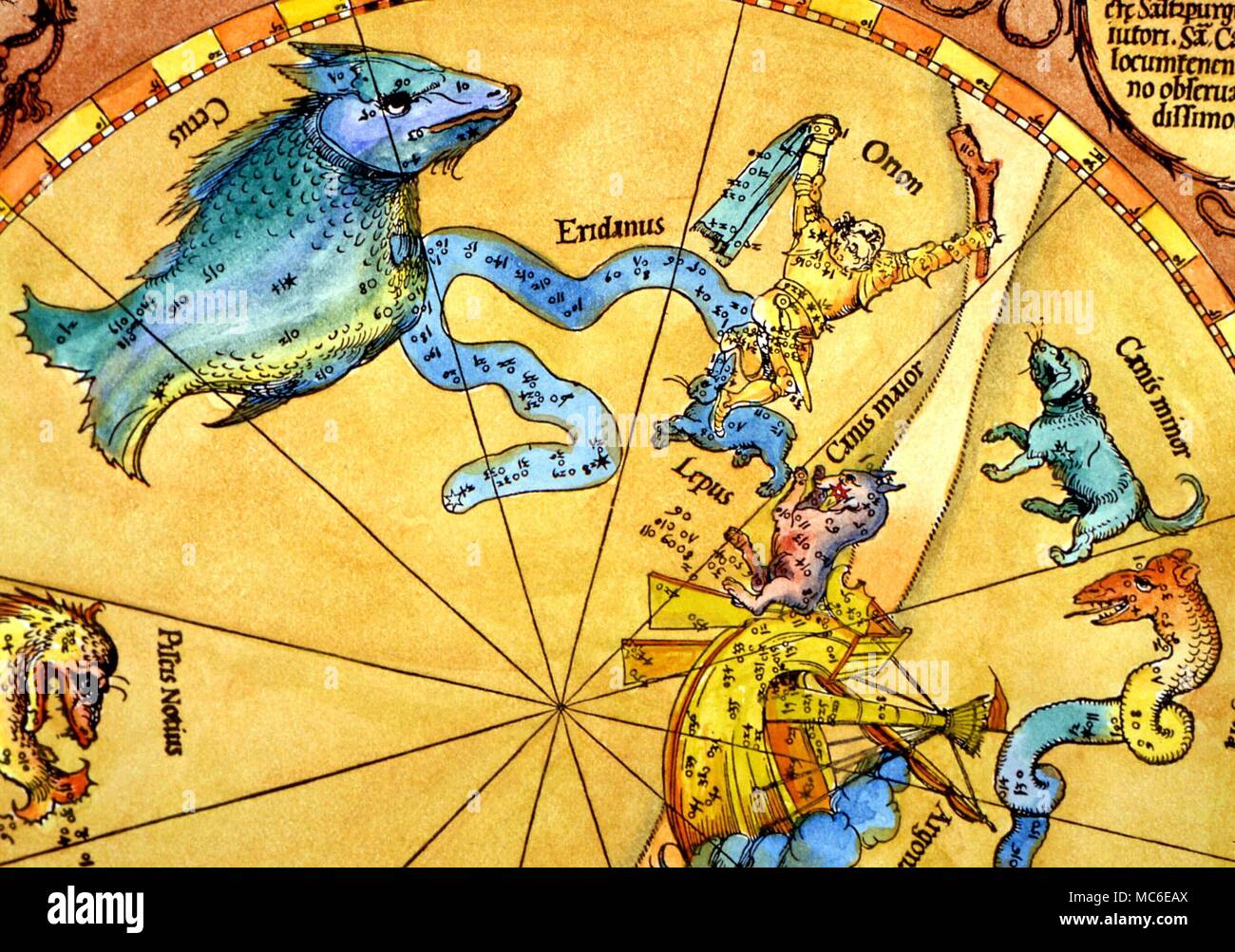 Constellations, Stars & maps, the fixed star Sirius in Canis Major. The star, coloured red, is in the mouth of the Greater Dog, below Lepus, the Hare. Detail from the southern constellations map by Stabius and Heinfogel, cut by Albrecht Durer, 1515 Stock Photo