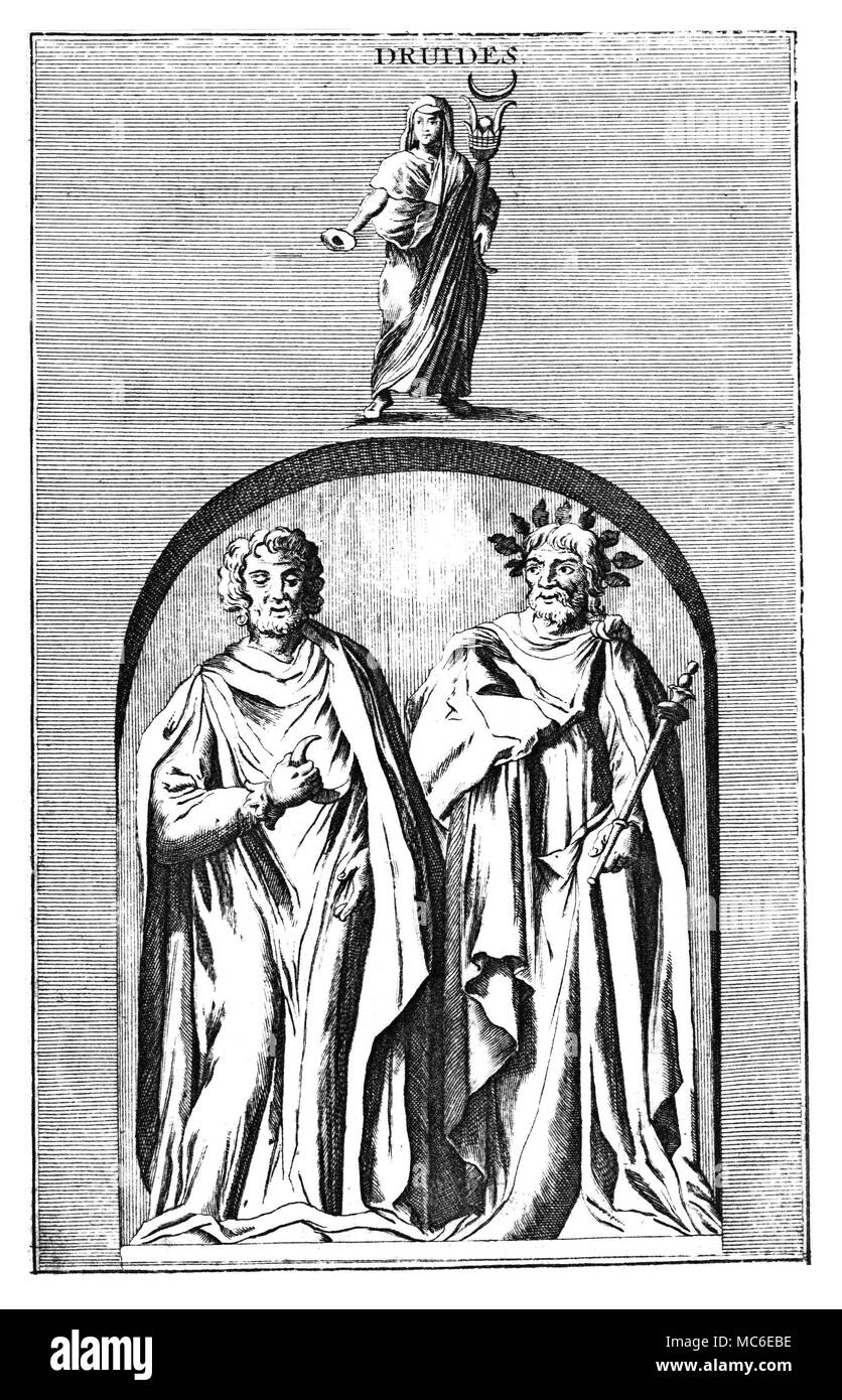 DRUIDS Two Druid priests, one holding the crescent, used for cutting the sacred mistletoe, the other with an oak-leaf crown, and a thrysus, or wand of office. Frontispiece to Ioannes Georgius Frickius, Commentatio de Druidis, 1744. Stock Photo