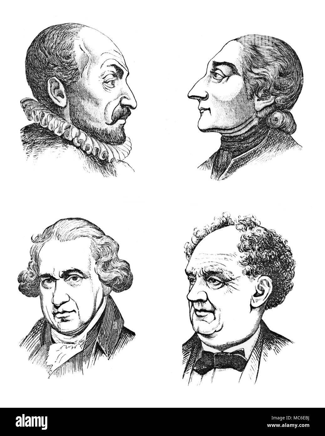 PHRENOLOGY AND PHYSIOGNOMY [Top, from left] the heads of two physiognomists - the Swiss, Jean-Baptiste de la Porta, and the Neapolitan, Jean Lavater. Both portraits have been selected because they exhibit 'large characterioscopicity'. [Bottom, from left], the Scottish mechanic and inventor, James Watt, and the showman, P.T. Barnum: the first is given as an example of 'large structurodexterity', the latter as an example of small, or 'negligible structurodexterity'. Barnum recorded that he did not have the ability even to whittle a barrel tap round. From J. Simms, An Original and Ill Stock Photo