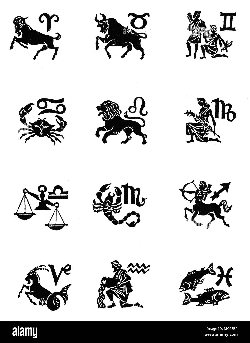 ZODIACS - TWELVE SIGNS Zodiac of twelve images, with corresponding sigils, arranged in four registers (top) Aries, Taurus, Gemini, (second row) Cancer, Leo, Virgo (third row), Libra, Scoprio, Sagittarius, and (fourth row), Capricorn, Aquarius and Pisces. Designed circa 1920. Stock Photo
