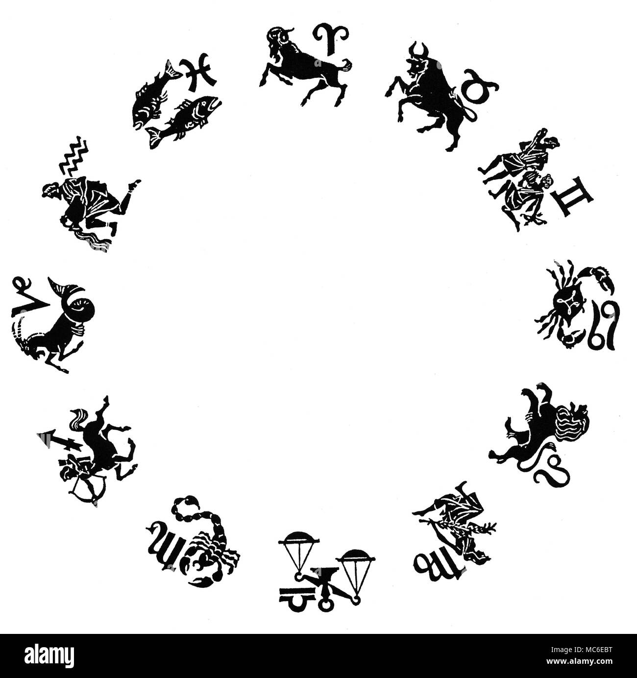 ZODIACS - TWELVE SIGNS Zodiac of twelve images, with corresponding sigils, arranged in a circle. At the top is Aries the Ram - in clockwise direction, follow Taurus the Bull, Gemini the Twins, Can cer the Crab, Leo the Lion, Virgo the Virgin, Libra the Scales, Scorpio the Scorpion, Sagittarius the man-horse (or Centaur with bow and arrow), Capricorn the Goat-fish, Aquarius the Water-pourer, and the two fishes of Pisces. Designed circa 1920. Stock Photo