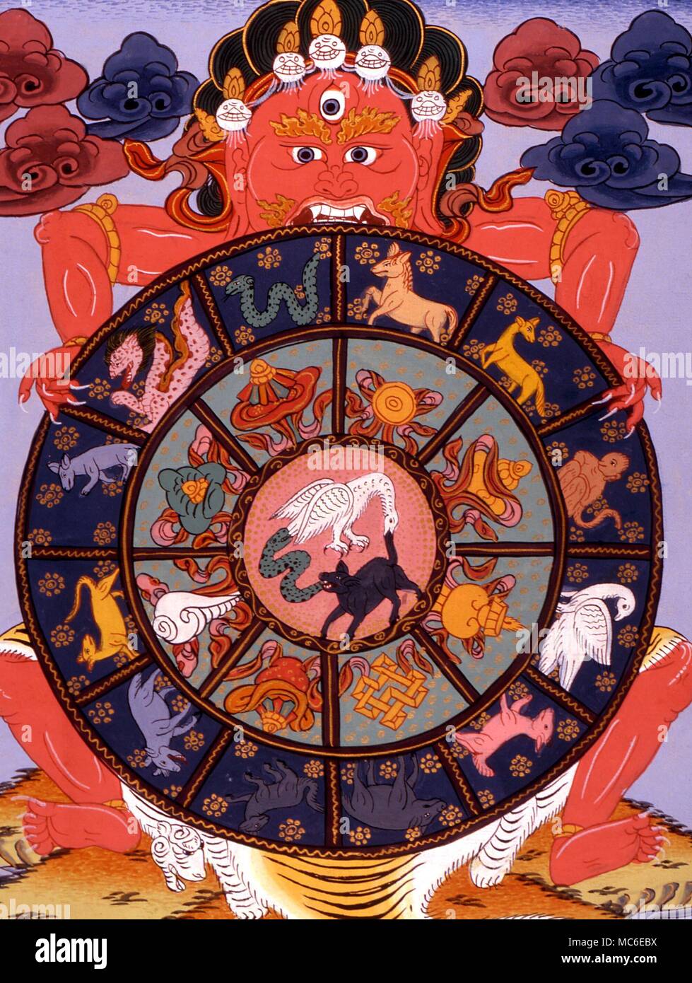 The Chinese Zodiac with the characters and images of the twelve animals  representing the twelve zodiacal signs, held in the hands of the demon  Mara. In the centre of the circle are
