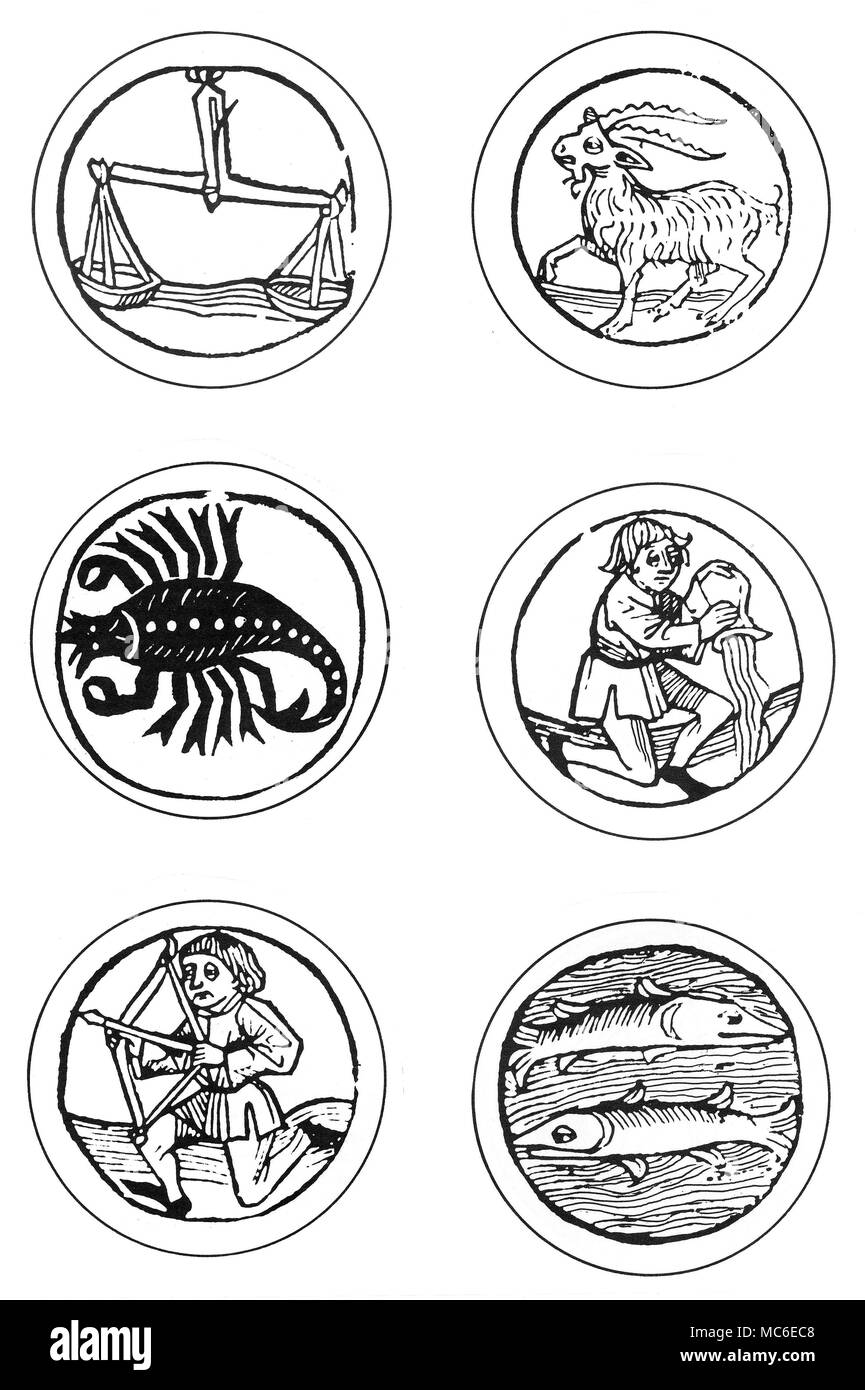 ZODIACS First six images of the zodiac signs: in columns - Libra, Scorpio, Sagittarius - Capricorn, Aquarius and Pisces. Woodcut roundels of the late 15th century. Stock Photo