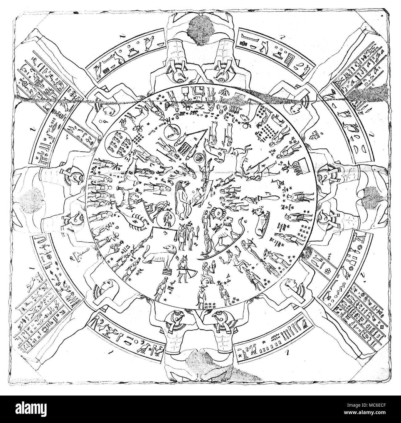 EGYPTIAN ASTROLOGY Engraving of the so-called 'zodiac' of Denderah - which is actually a planisphere, incorporating the twelve constellations, according to the late Egyptian (Ptolemaic) period. The planisphere is now in the Louvre, Paris (it was carried to France by Napoleon's soldiers), but a good copy of the original is still in situ, in the ceiling of the roof Temple of the Temple of Hathor, at Denderah, Egypt. Stock Photo