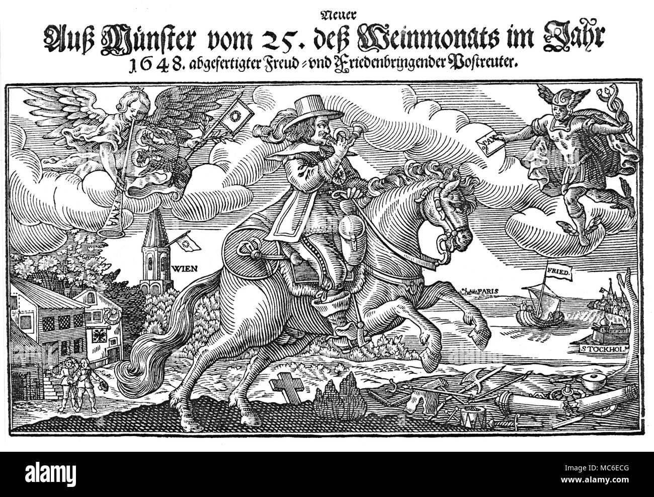 PLANETS - MERCURY Personification of Mercury as the bringer of peaced: the god is depicted at top right, bearing a seal package, marked Pax, and carrying his caduceus. Woodcut broadsheet announcing the Treaty of Munster, of 1648, by which Spain recognized the independence of the United Provinces. The year also saw the end of the Thirty Years War, at the Peace of Westphalia. Broadsheet of 1648. Stock Photo