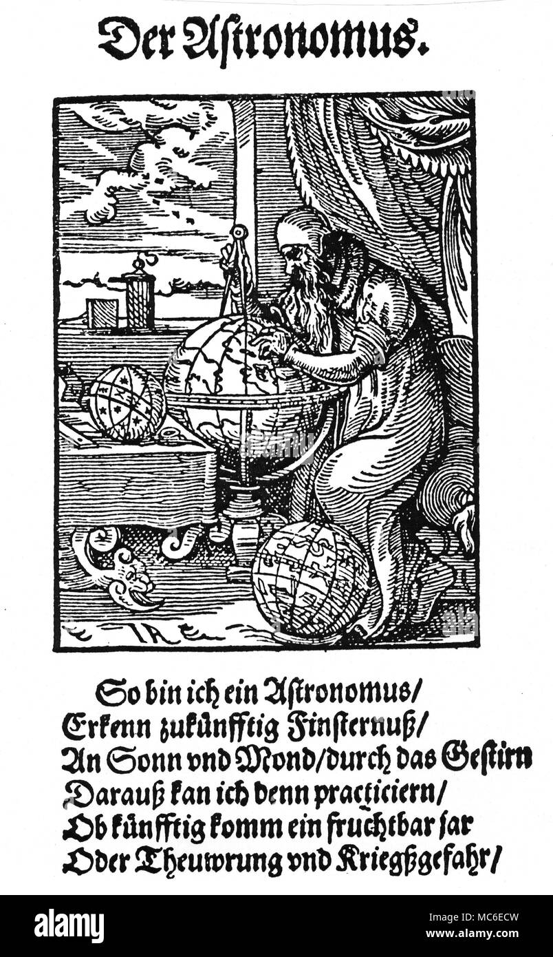 ASTROLOGY - ASTROLOGER The astrologer at work, surrounded by celestial constellation and terrestrial globes - woodcut after the German engraver, Jost Amman, circa 1510. Stock Photo