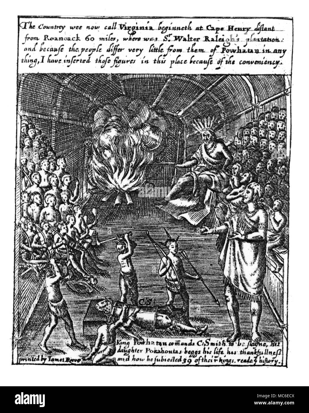 AMERICAN HISTORY - POCAHONTAS Detail from fold-out plate in John Smith's The Generall Historie of Virginia, New-England and the Summer Isles..., 1624. Smith is being rescued from being killed by Pocahontas. Stock Photo