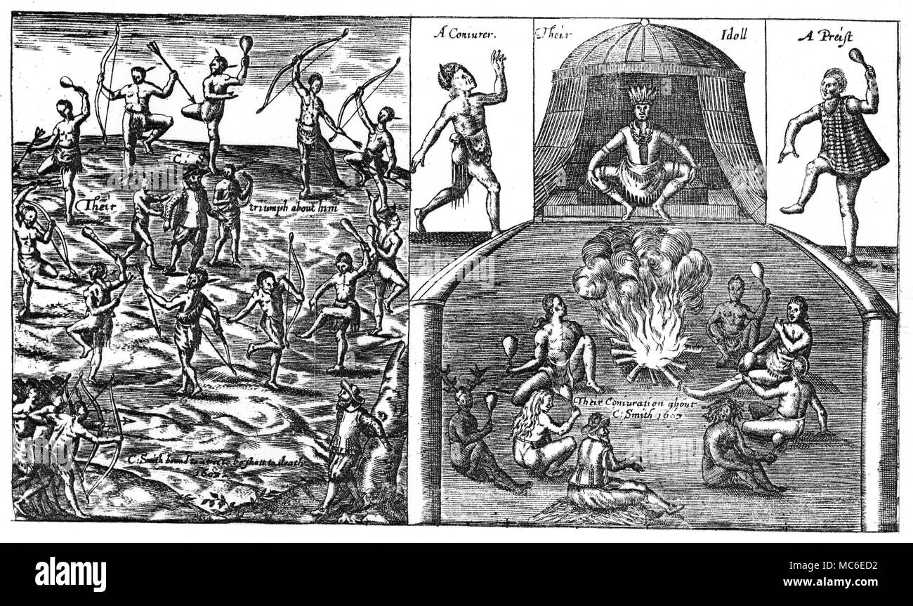 AMERICAN HISTORY - JOHN SMITH AND NATIVE AMERICAN MAGICIANS Detail from fold-out plate in John Smith's The Generall Historie of Virginia, New-England and the Summer Isles..., 1624. [Left] the Native American Indians capture John Smith, and do a war-dance around him. [Right] The conjurers (that is, the shamans and priests surround Smith and practise their ritual magic. Beyond the fire is an idol. Stock Photo