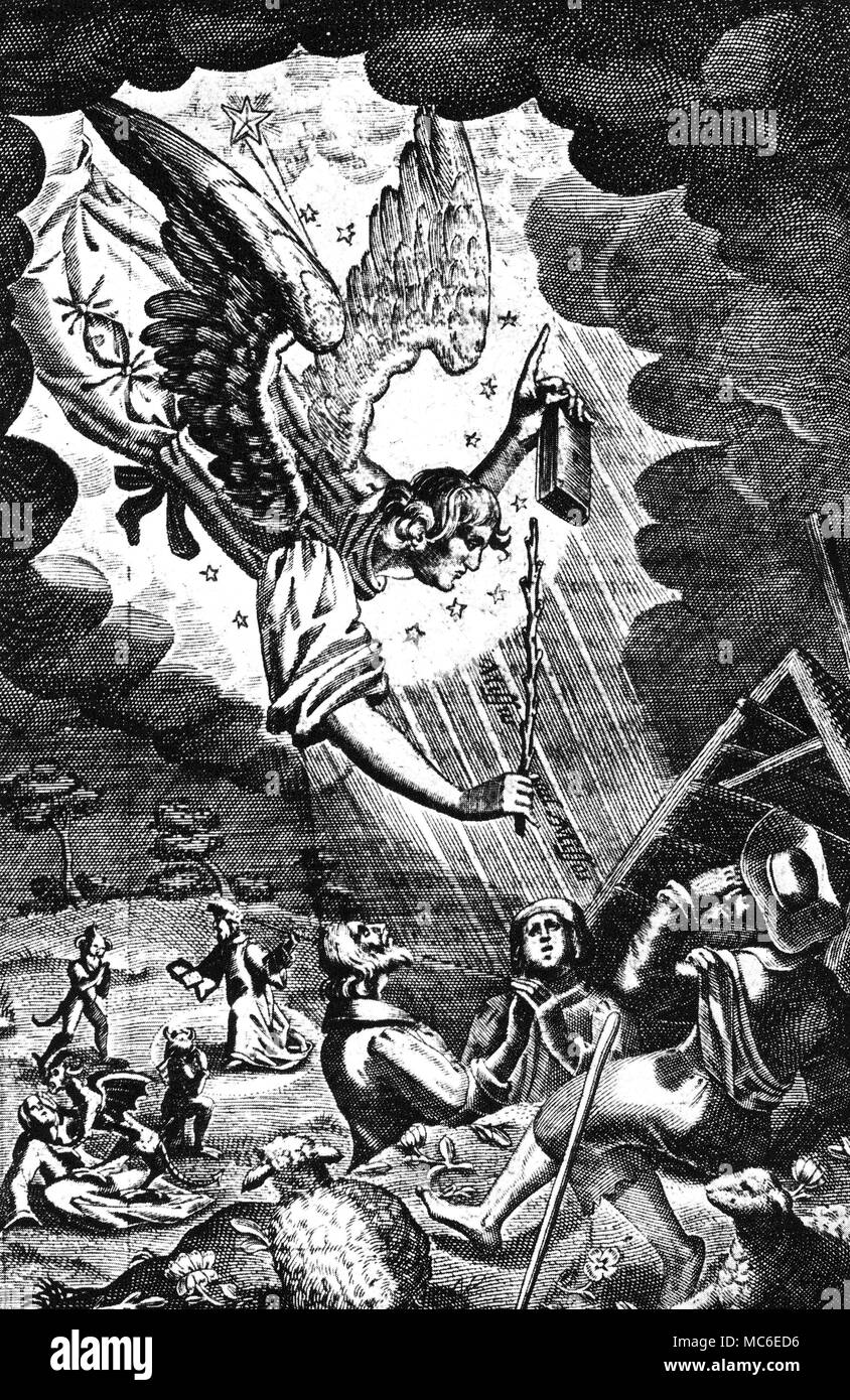 CHRISTIAN - ANGELS The Angel descending on the astonished Shepherds at the first Christmas. From Thomas Heywood, Hierarchie, 1635. Stock Photo