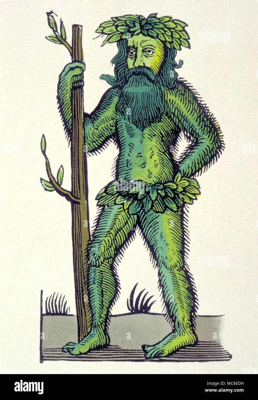 Green Man clothed in leaves and with the staff from which he sprang Mid 19th century reprint of the 17th century amphlet Jewitts Art among the Ballad-Mongers Stock Photo